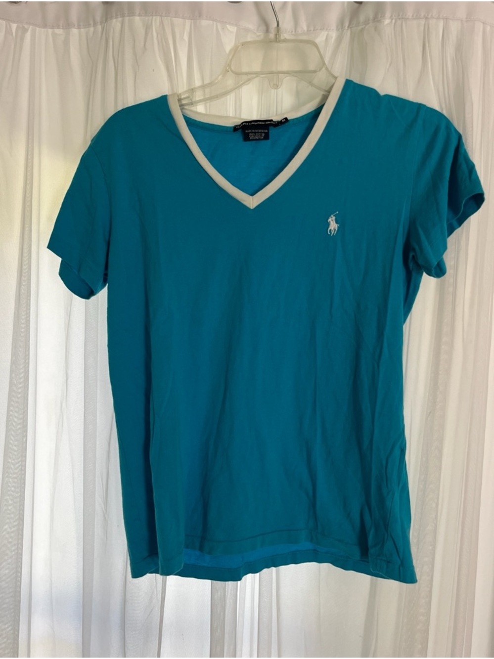Ralph Lauren blue V-Neck Short Sleeve t shirt White Trim summer 100% cotton